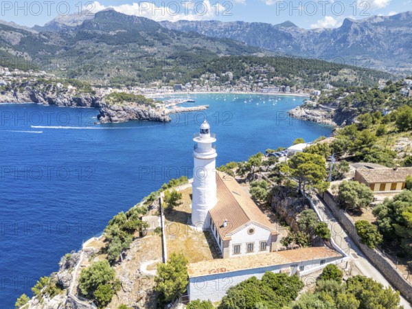 Port de Soller on Majorca with lighthouse aerial view holiday by the sea trip in Spain