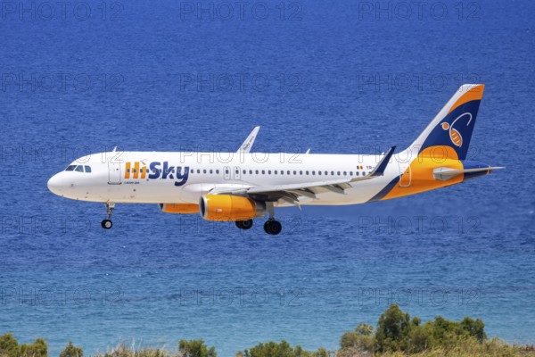 A HiSky Airbus A320 aircraft with the registration YR-JOY at Rhodes Airport, Greece