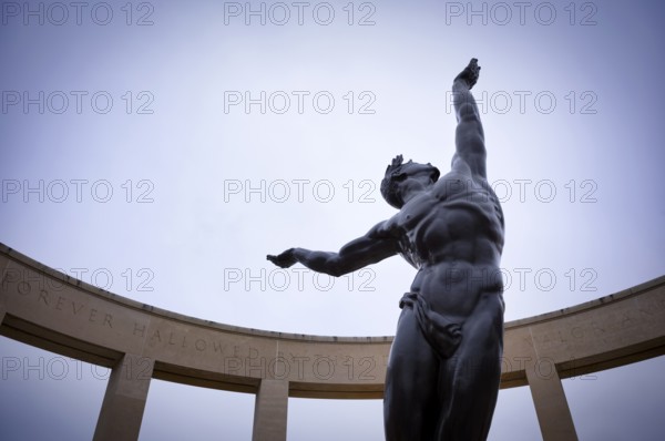 Bronze statue The Spirit of American Youth Rising from the Waves by Donald De Lue, military cemetery, American Normandy Cemetery, Normandy American Cemetery and Memorial, Omaha Beach, D-Day, Operation Overlord, Saint-Laurent-sur-Mer near Colleville-sur-Mer, Normandy, Calvados, France