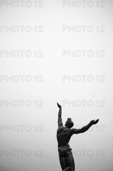 Bronze statue The Spirit of American Youth Rising from the Waves by Donald De Lue Military Cemetery, Normandy American Cemetery and Memorial, Omaha Beach, D-Day, Operation Overlord, Saint-Laurent-sur-Mer near Colleville-sur-Mer, black and white, Normandy, Calvados, France