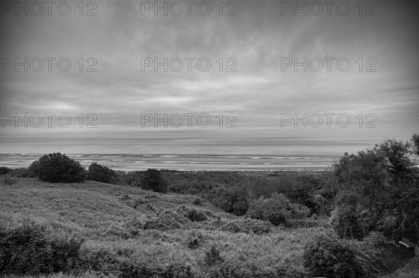 View of Omaha Beach, D-Day, Operation Overlord, black and white, Saint-Laurent-sur-Mer near Colleville-sur-Mer, Normandy, Calvados, France