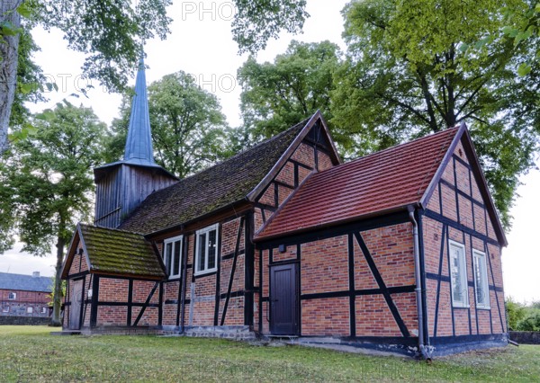 Prorep village church, a half-timbered church with a wooden tower, in the village centre. Porep is a district of the town of Putlitz in the district of Prignitz in Brandenburg, Germany