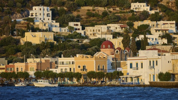 Picturesque waterside village with traditional architecture and a church in hilly terrain, Agia Marina, Leros, Dodecanese, Greek Islands, Greece