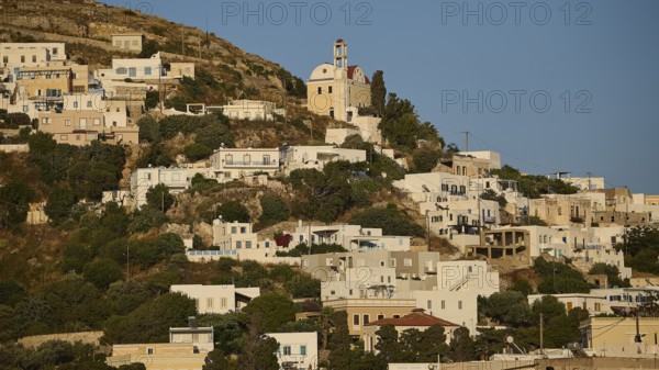 White houses and a church on an overgrown hill under a clear sky, Agia Marina, Leros, Dodecanese, Greek Islands, Greece