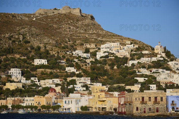 Panteli Fortress, coastal landscape with white houses on a hill and a fortress on top, Agia Marina, Leros, Dodecanese, Greek Islands, Greece