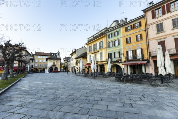 Market square with cafes in Orta San Giulio, Orta San Giulio, on Lake Orta, Province of Novara, Piedmont, Lago d'Orta, Italy