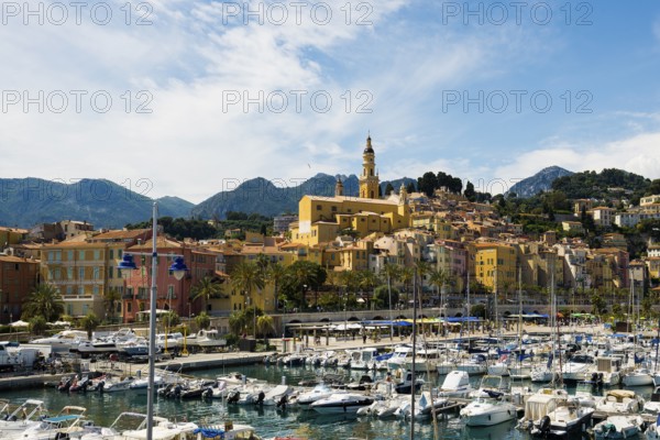 Town with colourful houses by the sea, Menton, Alpes Maritimes, Provence Alpes Cote d'Azur, French Riviera, South of France, France