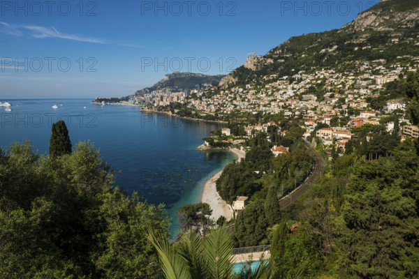 View of Roquebrune and Monaco, Plage du Golfe Bleu, Alpes Maritimes, Provence Alpes Cote d'Azur, French Riviera, South of France, France