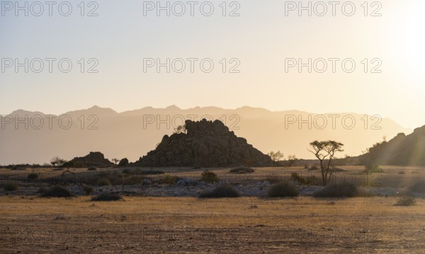Desert landscape in the evening light at sunset, barren landscape with hills of stacked rocks, backlit, Brandberg in the background, Erongo, Damaraland, Namibia