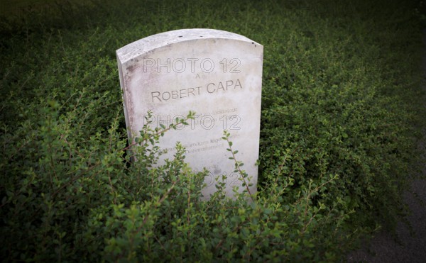 Separate memorial stone for war reporter Robert Capa, actually André Endre Erno Friedman, Mémorial des Réporters, memorial to freedom of the press, memorial to journalists and photographers killed in the line of duty, Bayeux, Normandy, Calvados, France