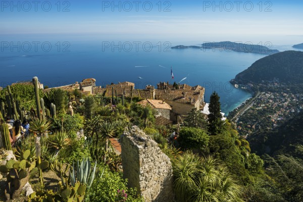 Picturesque mountain village overlooking the sea, Jardin Exotique, Èze, Cote d'Azur, Alpes-Maritimes, Provence-Alpes-Cote-d'Azur, South of France, France