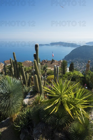 Picturesque mountain village overlooking the sea, Jardin Exotique, Èze, Cote d'Azur, Alpes-Maritimes, Provence-Alpes-Cote-d'Azur, South of France, France