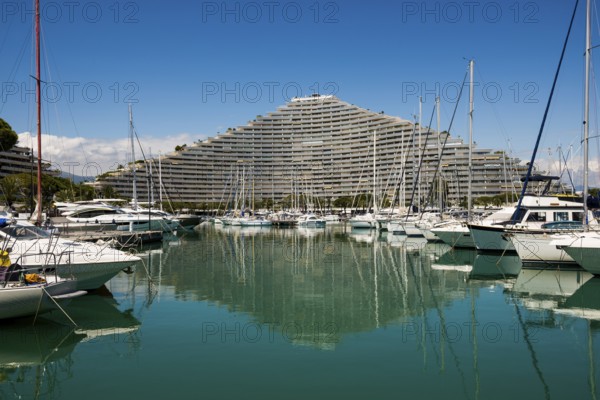 High-rise flat blocks by the sea, Marina Baie des Anges, Villeneuve-Loubet, Provence Alpes Côte d'Azur, South of France, France