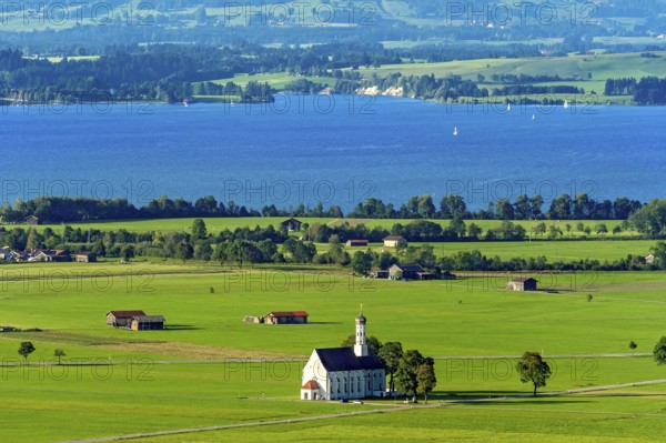 View from Neuschwanstein Castle to the pilgrimage church of St Coloman, Forggensee, Schwangau, Schwanengau plain, Königswinkel, Ostallgäu, Allgäu, Swabia, Bavaria, Germany