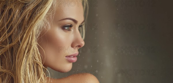 Beautiful attractive woman in the shower applying shampoo to her hair, AI generated