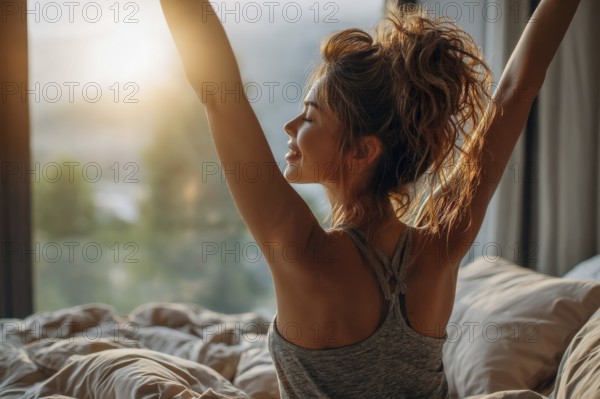 Beautiful Brunette is Waking up in the Morning, Stretches in the Bed, Sun Shines on Her From the Big Window, AI generated