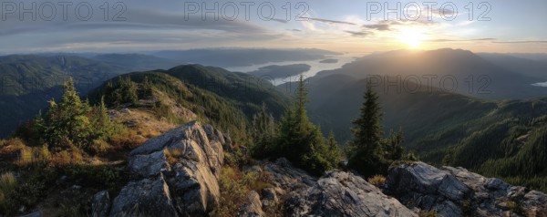 Beautiful Panoramic View of Canadian Nature Landscape from the top of the Mountain during a sunny summer sunset, AI generated