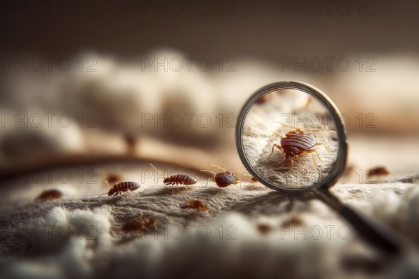 Bed bugs and dust mites concept with the magnifying glass. Allergy and old linen that contains parasites, AI generated