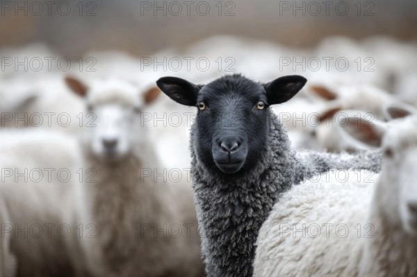 Black sheep sticking among white sheep. Black sheep in the family. Concept of a different person or exclusion from society, AI generated