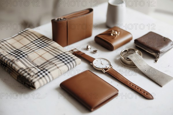 Beige and Brown Leather Accessories Flatlay. Modern business and lifestyle fashion accessories. Watch, wallet and cellphones, AI generated