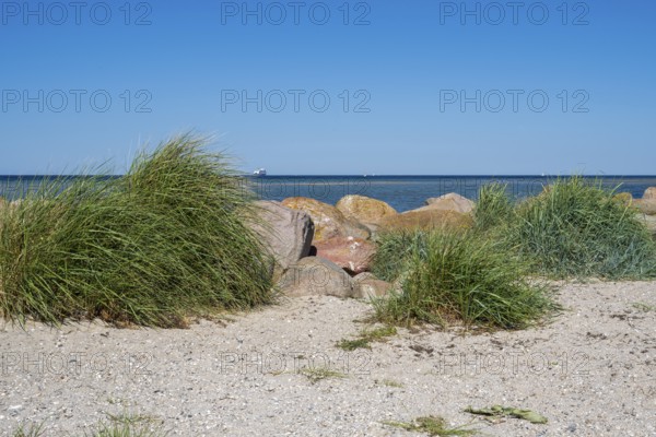 Large stones as a boundary on the sandy beach, Laboe, Baltic resort, Fjord, Baltic Sea, North Frisia, Schleswig-Holstein, Germany