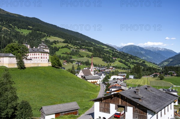 Wolfsthurn Castle and St. Pankraz Parish Church, Mareit, Ridnauntal Valley, South Tyrol, Italy