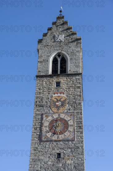 Colourful tower clock with coat of arms, Zwölferturm, historic old town, Sterzing, South Tyrol, Italy