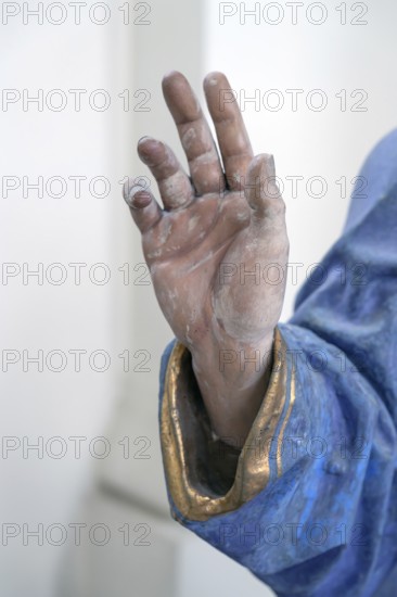 Hand and robe of Christ, detail of the palm donkey, around 1490, St John's parish church, Biberacher Str. 6, Ummendorf, Biberach district, Baden-Württemberg, Germany