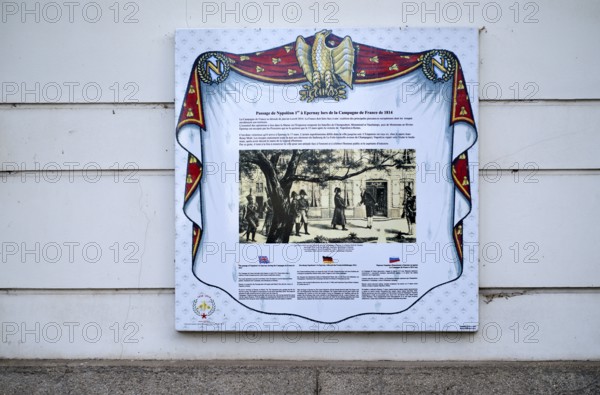Historical plaque bears witness to the passage of Napoleon I at the headquarters of the champagne brand Moët & Chandon, part of the luxury goods group LVMH Louis Vuitton Moët Hennessy, Avenue de Champagne, Épernay, Marne, France