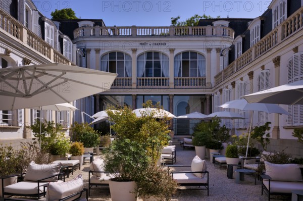 Hotel Moët next to the headquarters of the champagne brand Moët & Chandon, part of the luxury goods group LVMH Louis Vuitton Moët Hennessy, Avenue de Champagne, Épernay, Marne, France