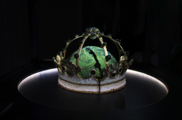 Velvet and pearl crown on hemisphere symbolising aerial view of the Champagne vineyards, by Baqué Molinié, treasury, headquarters of the champagne brand Moët & Chandon, part of the luxury goods group LVMH Louis Vuitton Moët Hennessy, Avenue de Champagne, Épernay, Marne, France