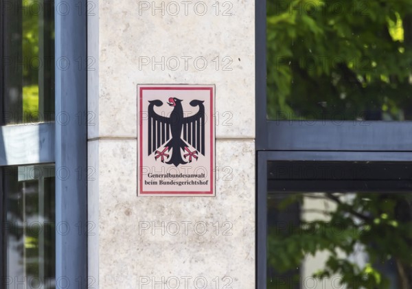 Federal Public Prosecutor General at the Federal Court of Justice in Karlsruhe. Office sign with federal eagle on the office building. Karlsruhe, Baden-Württemberg, Germany