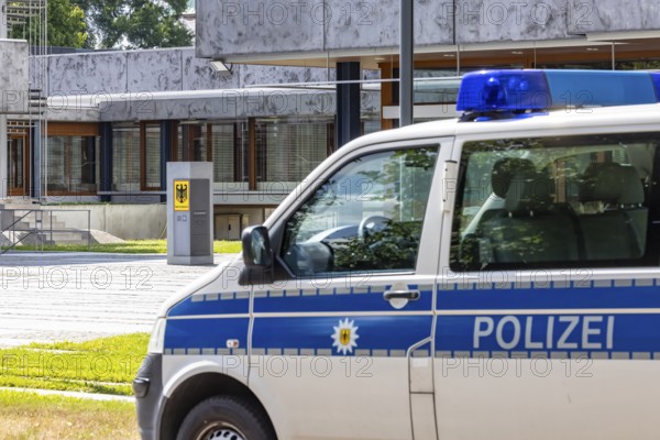 Federal Constitutional Court (BVerfG) . Exterior view with official sign and federal eagle. Karlsruhe, Baden-Württemberg, Germany