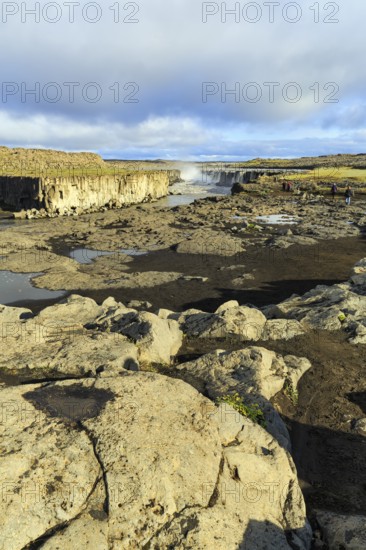 River Jökulsa a Fjöllum flows through canyon, Selfoss waterfall on the horizon, evening sun, North Iceland, Iceland