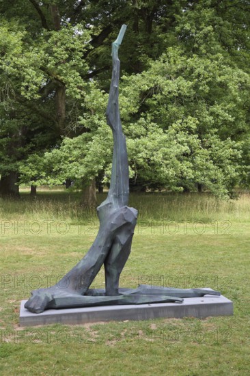 Sculpture Mont Parnassus by Georg Herold 2012, Blickachsen 14, modern art, athletic figure, gymnastics, yoga, legs, high, above, flexible, long arms and legs, spa gardens, Bad Homburg, Taunus, Hesse, Germany