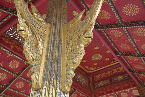 Golden dragons with ornaments and jewellery at the Siamese Sala-Thai I temple, Asian, detail, two, dragon heads, dragon head, magnificent, precious stones, spa gardens, Bad Homburg, Taunus, Hesse, Germany