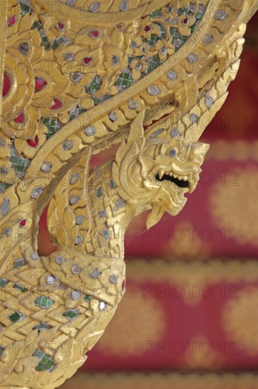 Golden dragon with ornaments and jewellery at the Siamese Sala-Thai I temple, Asian, detail, dragon head, gemstones, spa gardens, Bad Homburg, Taunus, Hesse, Germany