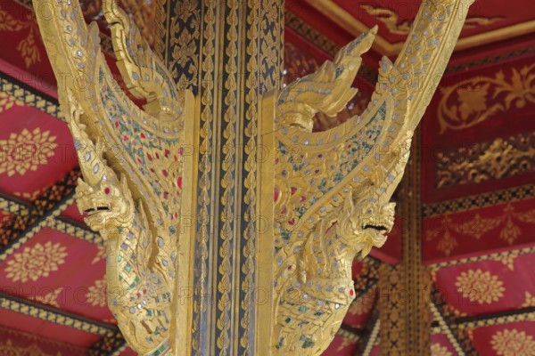 Golden dragons with ornaments and jewellery at the Siamese Sala-Thai I temple, detail, two, dragon heads, dragon head, magnificent, precious stones, spa gardens, Bad Homburg, Taunus, Hesse, Germany