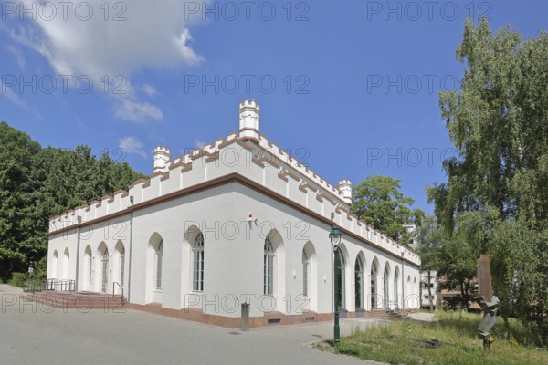 Gothic house with battlements and corner turrets, neo-Gothic, white, museum, Dornholzhausen, Bad Homburg, Taunus, Hesse, Germany