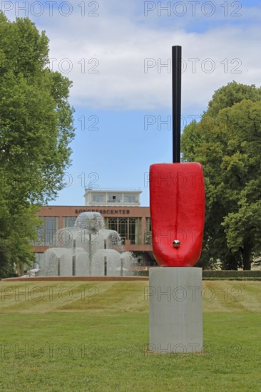 Sculpture Slip of the Tongue by Alexandra Bircken 2020, Blickachsen 14, modern art, water features, fountain, spa hotel, congress centre, tongue, tongue piercing, piercing, XXL, oversize, spa garden, Bad Homburg, Taunus, Hesse, Germany
