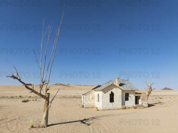 The long abandoned Garum train station in the southern Namib Desert. Aerial view. Drone shot. Namibia