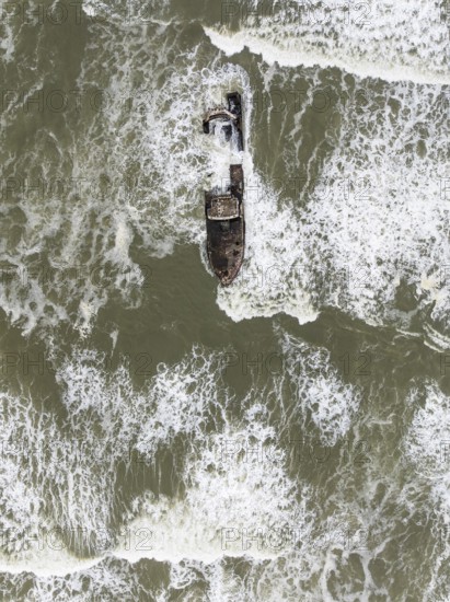 The Zeila shipwreck at the Skeleton Coast. Aerial view. Drone shot. Dorob National Park, Namibia