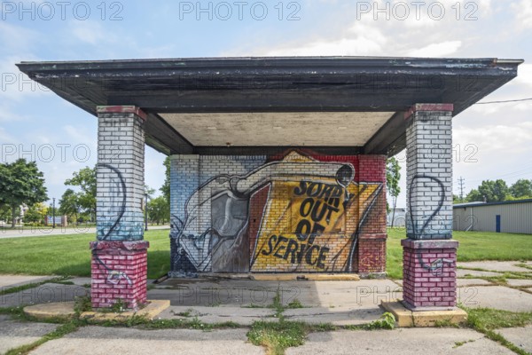 Saginaw, Michigan - A mural on a former gas station announces that gasoline is not available
