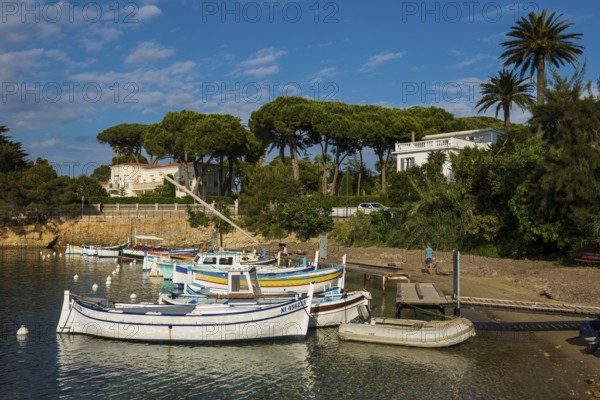 Beach and colourful boats, Plage de I'Olivette, Cap d'Antibes, Antibes, Provence Alpes Côte d'Azur, South of France, France