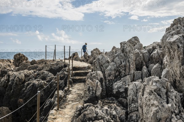 Picturesque wild hiking trail on the coast, Sentier du Littoral, Cap d'Antibes, Antibes, Provence Alpes Côte d'Azur, South of France, France