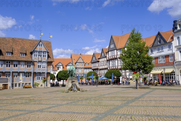 Town market, market square with town hall and monument to Duke August the Younger, Wolfenbüttel, Lower Saxony, Germany