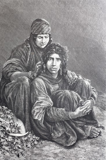 Women from the Bedouin tribe, c. 1888, Arab semi-nomads living in the desert regions of North Africa and the Middle East, Historical, digitally enhanced reproduction of a 19th century model