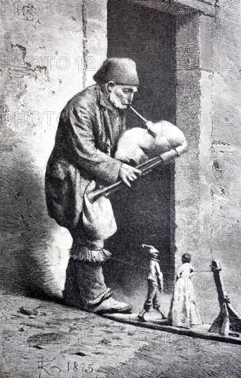 Zampagnaro a traditional Italian shepherd figure that is often depicted in nativity scene scenes. He is equipped with a bagpipe, the zampogna, a shepherd's instrument originating from southern Italy, 1888, Naples, Italy, Historical, digitally enhanced reproduction of a 19th century model