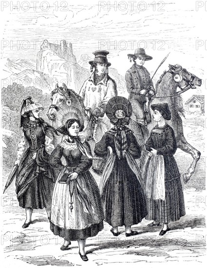 Folk costumes in the Allgäu around 1888, Bavaria, Germany, Historical, digitally enhanced reproduction of a 19th century original