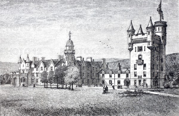 Balmoral castle in Scotland, residence of the Queen of England, 1888, Historical, digitally enhanced reproduction of a 19th century original